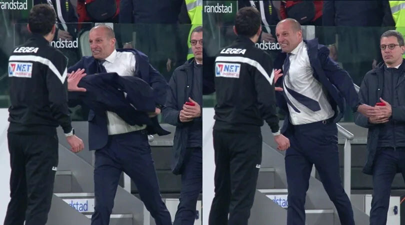 Juve, Allegri è una furia: getta via il cappotto dopo il rigore per l'Inter