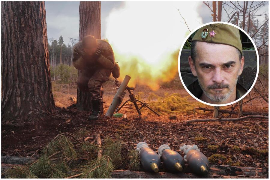 Un soldato ucraino spara colpi di mortaio (Ansa), nel riquadro l'italiano morto, Edy Ongaro (foto Facebook)